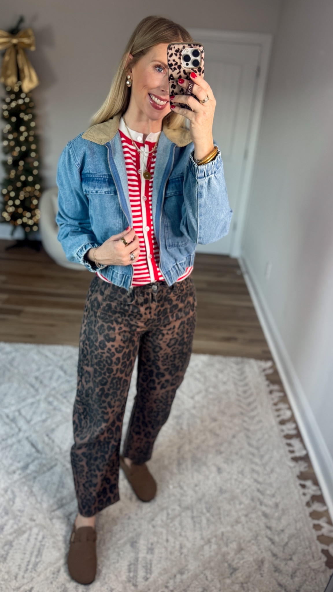 Daily try on, Walmart outfit, Walmart fashion, Walmart try on, denim bomber jacket, red stripe cardigan, leopard barrel jeans

Small 

#LTKootd #LTKFindsUnder50