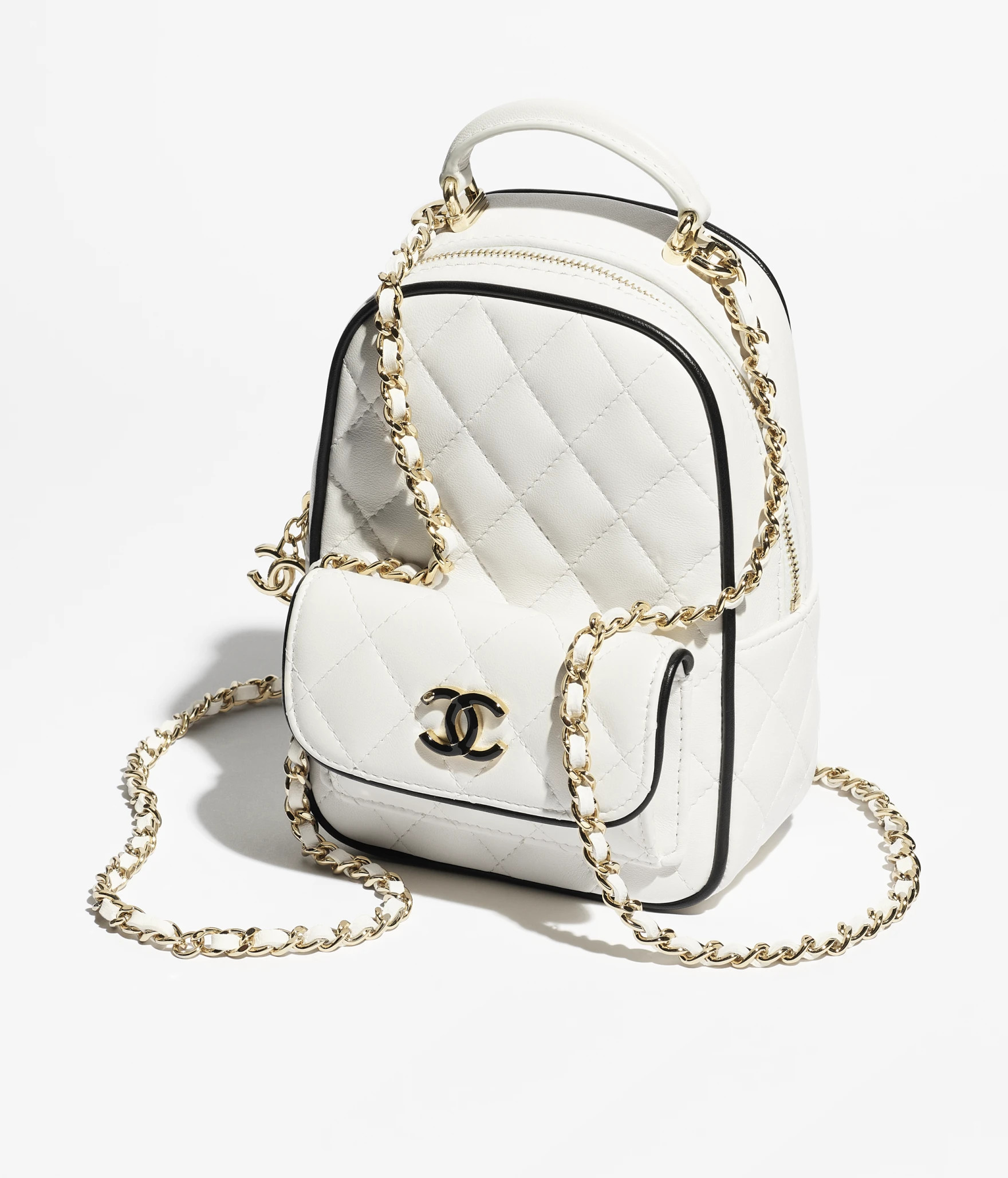 Mini backpack - Lambskin & gold-tone metal, white & black — Fashion | CHANEL | Chanel, Inc. (US)