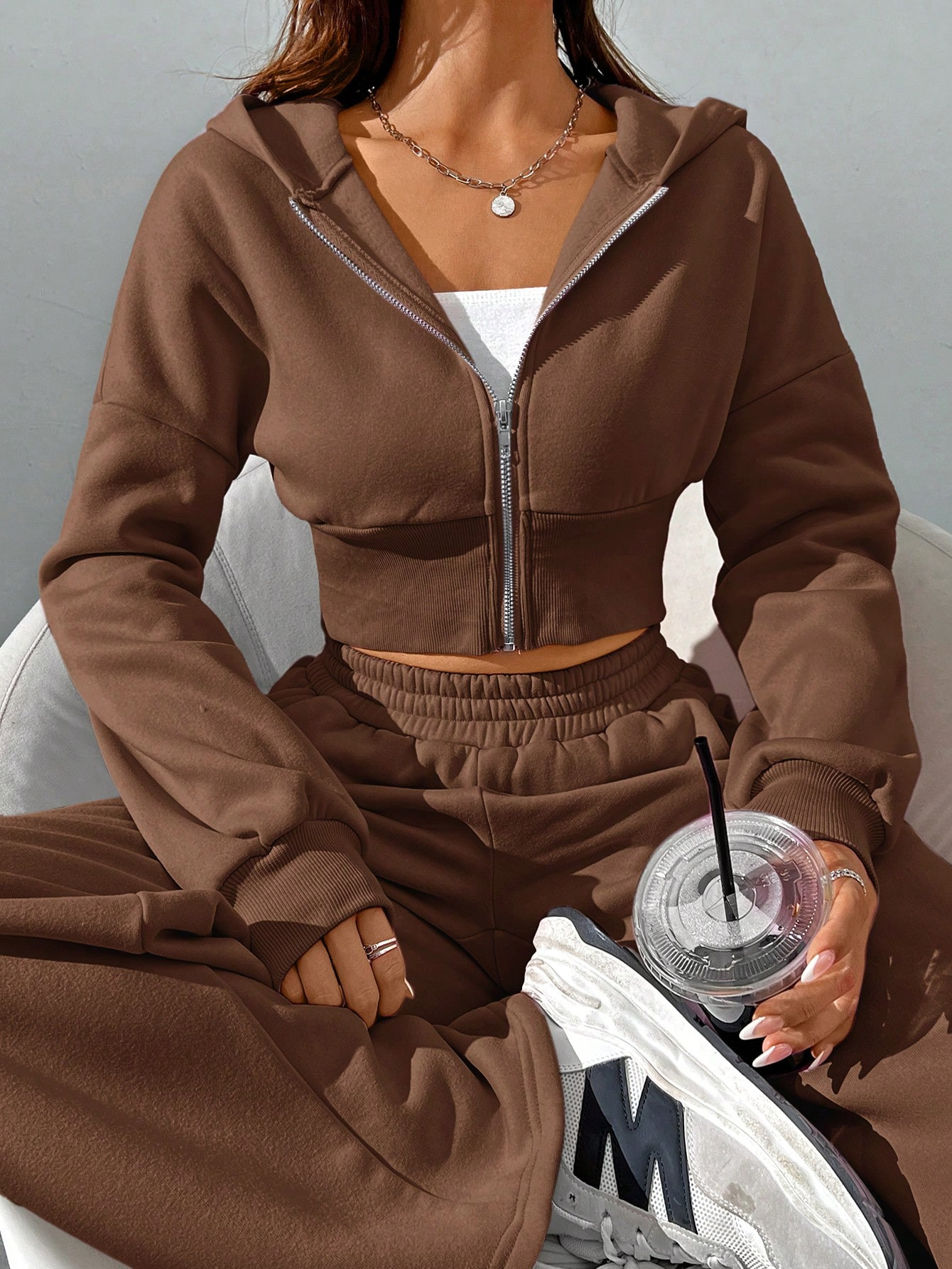 SHEIN EZwear Women's Spring Fashionable Pink Zip Front Hooded Sweatshirt And Pants Two Piece Set | SHEIN