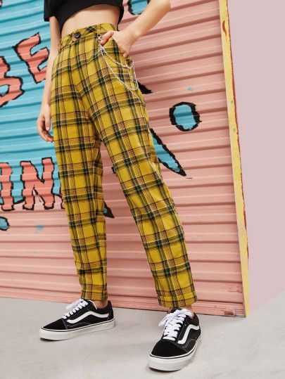 Chain Detail Tartan Plaid Straight Pants | SHEIN