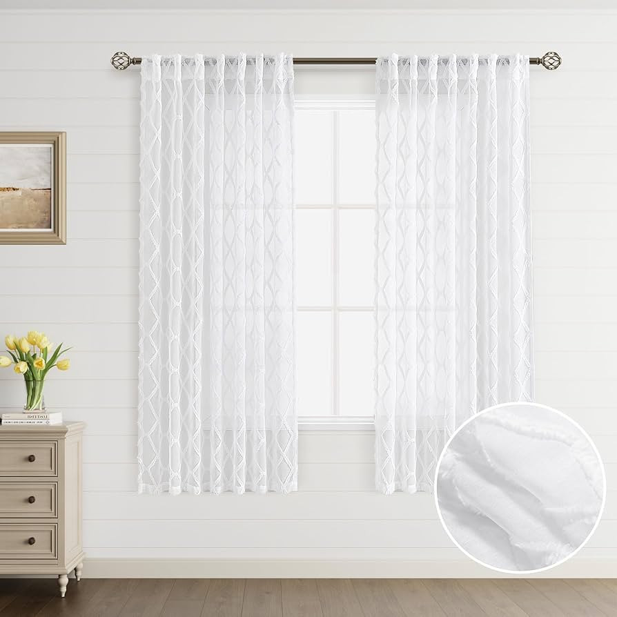 Hokibero White Sheer Curtains 72 Inches Long for Living Room Bedroom 2 Panels Boho Farmhouse Whit... | Amazon (US)