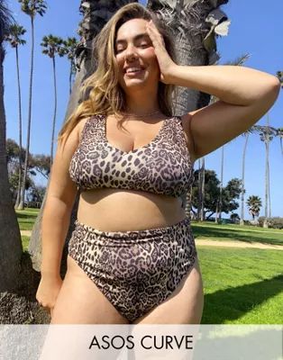 ASOS DESIGN Curve mix and match ribbed high waist bikini bottoms in leopard print | ASOS (Global)