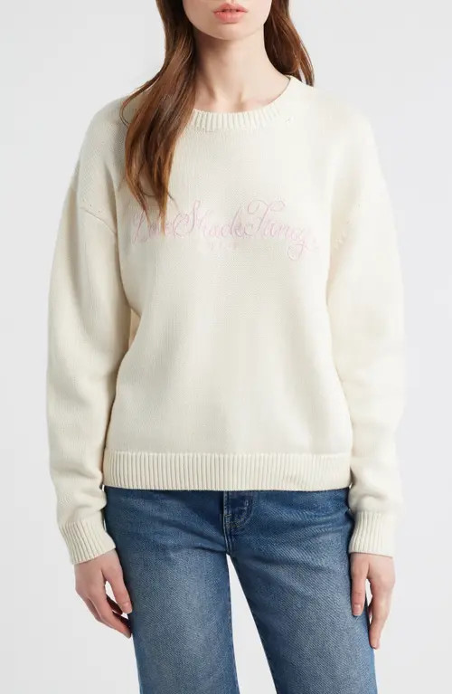 LoveShackFancy Selman Logo Embroidery Cotton & Wool Sweater in Cold Foam at Nordstrom, Size Large | Nordstrom