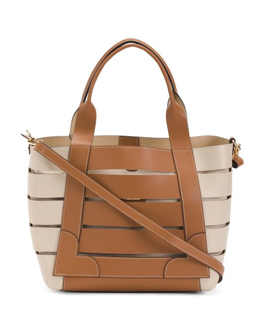 Made In Italy Leather Cut Out Bicolor Satchel With Linen Pouch | TJ Maxx
