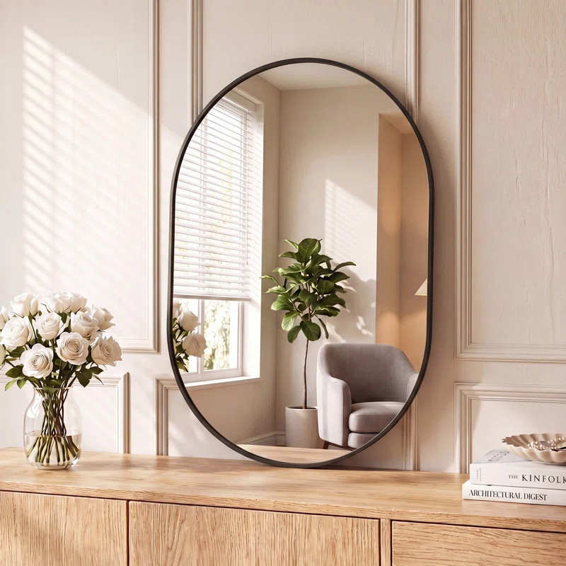 Ebern Designs Aluminum Frame Oval Wall Mirror, Modern Pill Shaped Vanity Mirror, Minimalist Bathr... | Wayfair North America