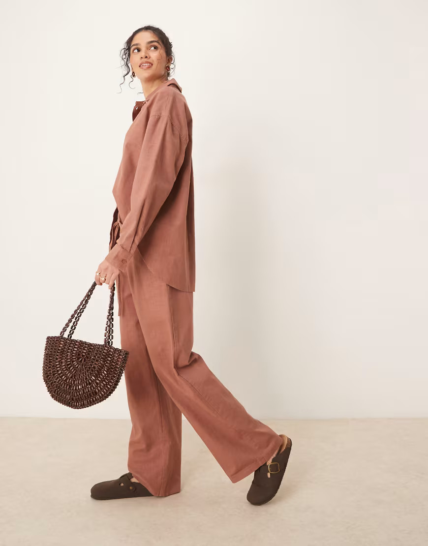 ASOS DESIGN linen look pull-on pants in mocha - part of a set-Brown | ASOS (Global)