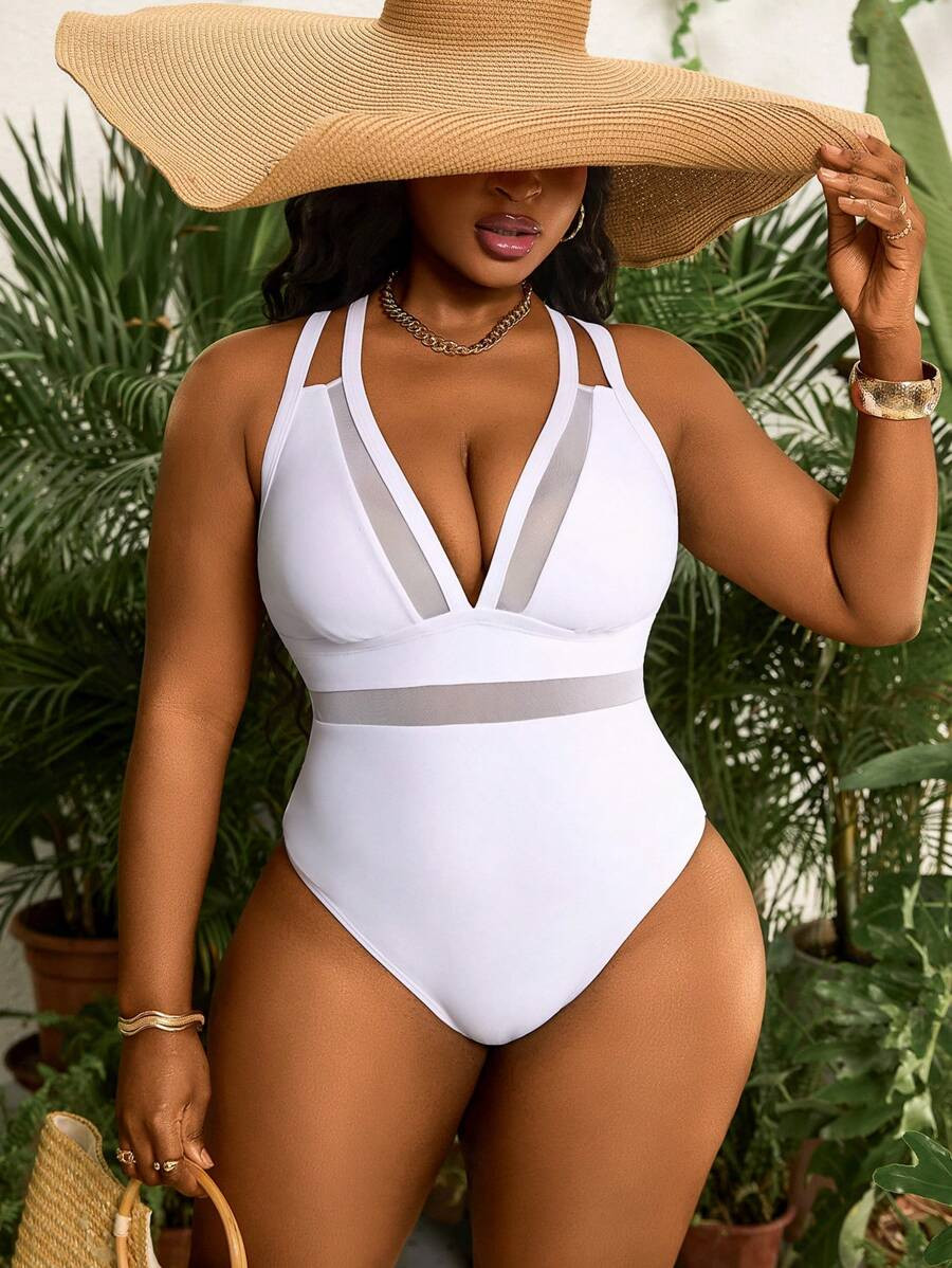 Slaydiva Plus Size Sexy Deep V Neck Mesh Panel Strappy One-Piece Swimsuit For Summer Beach Vacati... | SHEIN