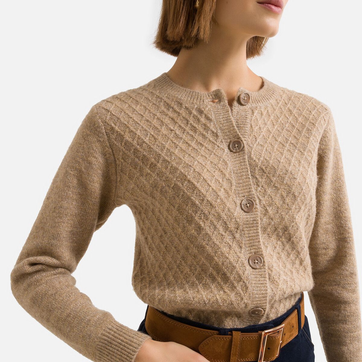 Chunky Knit Buttoned Cardigan with Crew Neck | La Redoute (UK)