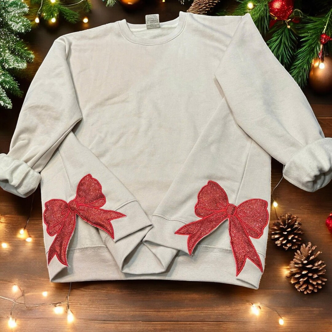 Side Bow Appliqué Sweatshirt EMBROIDERED, Lace Effect Ribbon, Bow Applique, Red Glitter Bow Swea... | Etsy (US)