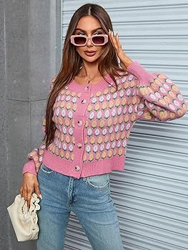 WDIRARA Women's Floral Button Down Ribbed Knit Crew Neck Cropped Cardigan Sweater | Amazon (US)