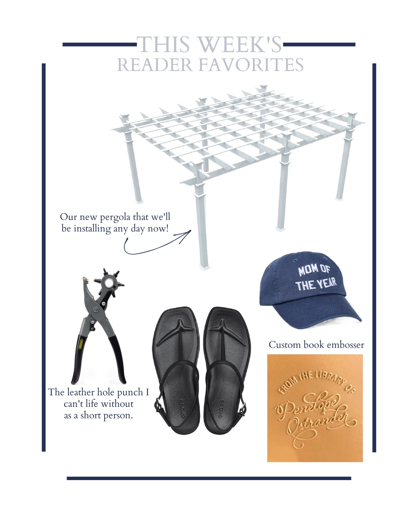 All-weather pergola, leather hole punch (great for shortening belts, bag straps, and sandal straps), cute but practical sandals, custom book embosser, mom cap

#LTKFamily #LTKGiftGuide #LTKPetite