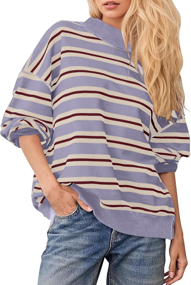Women\u2019s Mock Neck Sweatshirt Striped Oversized Long sleeve Pullovers | Amazon (US)