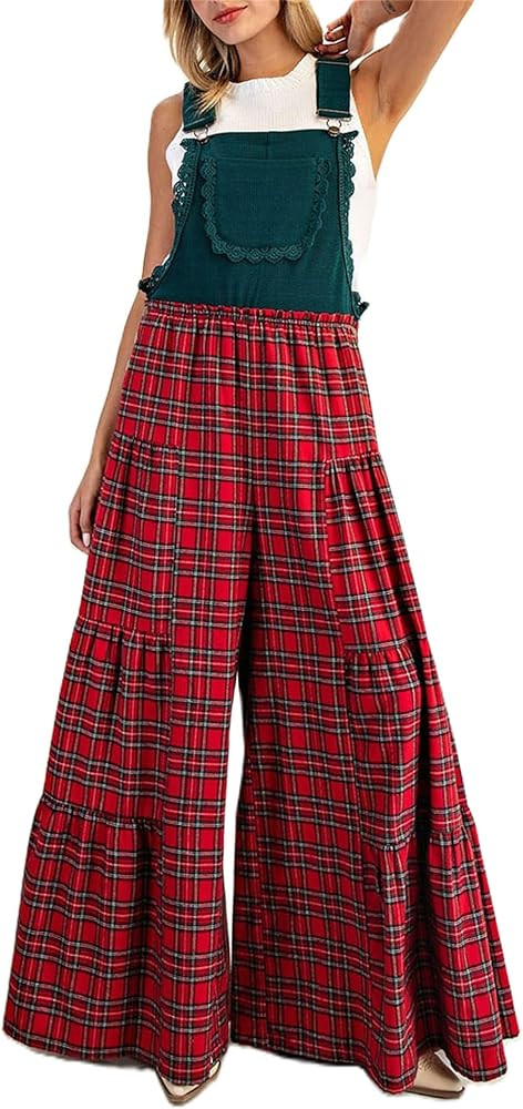 Women Christmas Plaid Overalls Sleeveless Printed Adjustable Strap Wide Leg Jumpsuit Casual Loose... | Amazon (US)