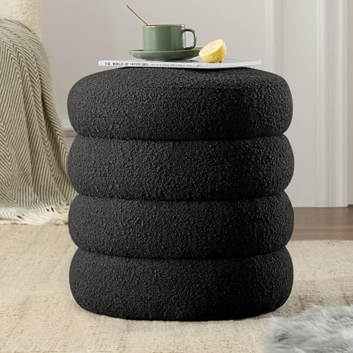 Krcix Round Ottoman with Storage Boucle Ottoman Stool with Storage Removable Lid for Living Room Modern Vanity Sorage Stool Foot Rest Bedroom Dorm Gift Set of 1 (Black) | Amazon (US)