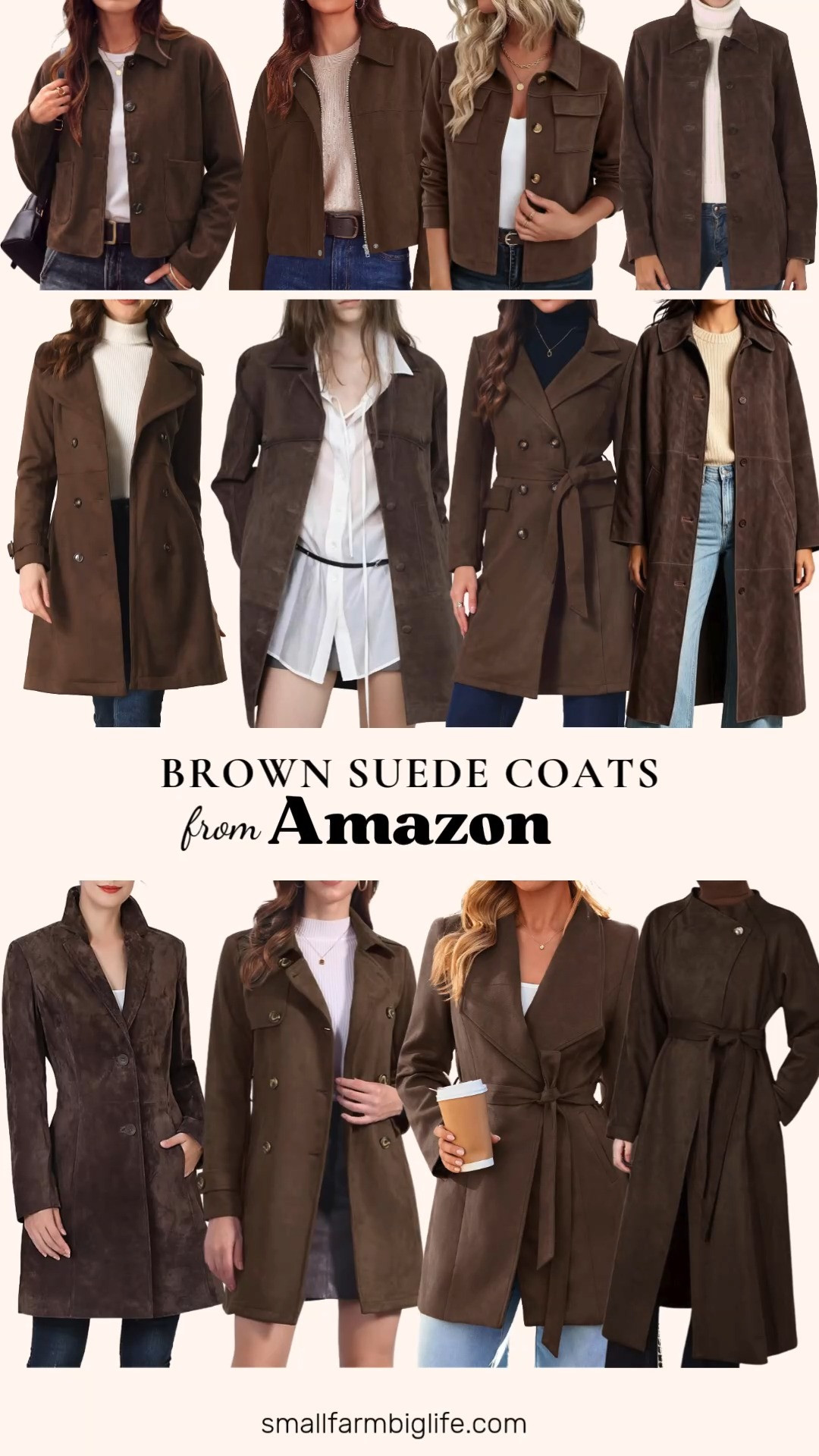 Brown suede coats are everywhere this fall, and this rich, timeless outerwear is such an easy way to elevate autumn outfits.

For a shorter, cropped style, the dark brown PRETTYGARDEN Cropped Fall Jackets and the dark brown Zeagoo Cropped Shacket both have such an easy button down collared look, perfect for business casual workwear or teacher outfits. The coffee brown chouyatou Retro Shacket brings a similar mid length option with a bit more coverage.

For a longer coat, the chocolate brown Suede Leather Car Coat and the chocolate brown Mary Suede Leather Walking Coat both have a timeless, notch lapel silhouette. The coffee brown, dark brown, and coffee brown Allegra K Faux Suede Trench Coats all bring that classic double breasted, belted look, and the chocolate brown Suede Trench Coat and the dark brown Simplee Belted Trench Coat round things out with an elegant, mid length finish.

Rounding out the lineup, the dark brown Open Front Trench Overcoat with a belt is such a versatile piece to layer over any outfit for a date night or a polished office day.

So many rich brown suede coats to shop for fall, all linked for you.

#amazonfashion #suedecoat #fallfashion #falloutfits #businesscasual 

 #LTKootd #LTKOver40 #LTKWorkwear