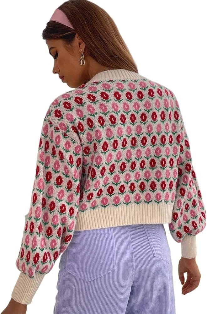 Cardigan Sweaters for Women Regular Round Neck Crop Long Sleeve Flower Pattern Drop Shoulder Card... | Amazon (US)