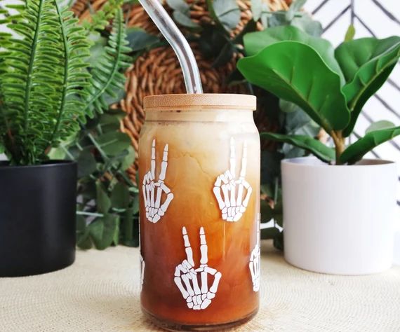 Skeleton Hands Beer Can Glass | Free Glass straw | Spooky Season | Iced Coffee Glass | Witchy | S... | Etsy (US)