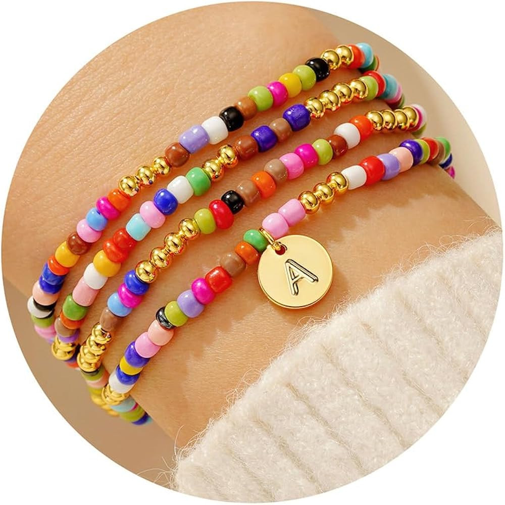 Turandoss 4PCS Colorful Beaded Initial Bracelets for Women Teen Girls - Cute Stretch Beaded Bohem... | Amazon (US)