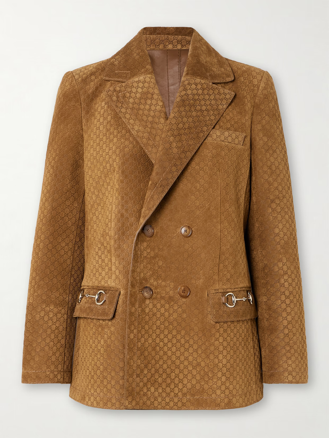 Gucci - Double-breasted Horsebit-detailed Debossed Suede Blazer - Brown | NET-A-PORTER (US)
