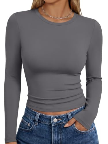 Trendy Queen Womens Long Sleeve T Shirts Fall Basic Tops Light Gray S | Amazon (US)