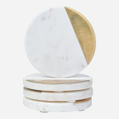 White Marble Coaster Set - Round Shape with Brass Design - Perfect for Dining Tables, Kitchen Decor, Parties, Cocktails, Coffee, and Drinks - Suitable for Various Mugs and Cups - 4x4x2 Inches | Amazon (US)