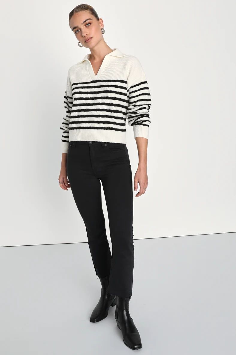 Pleasant Comfort White and Black Striped Collared Sweater | Lulus