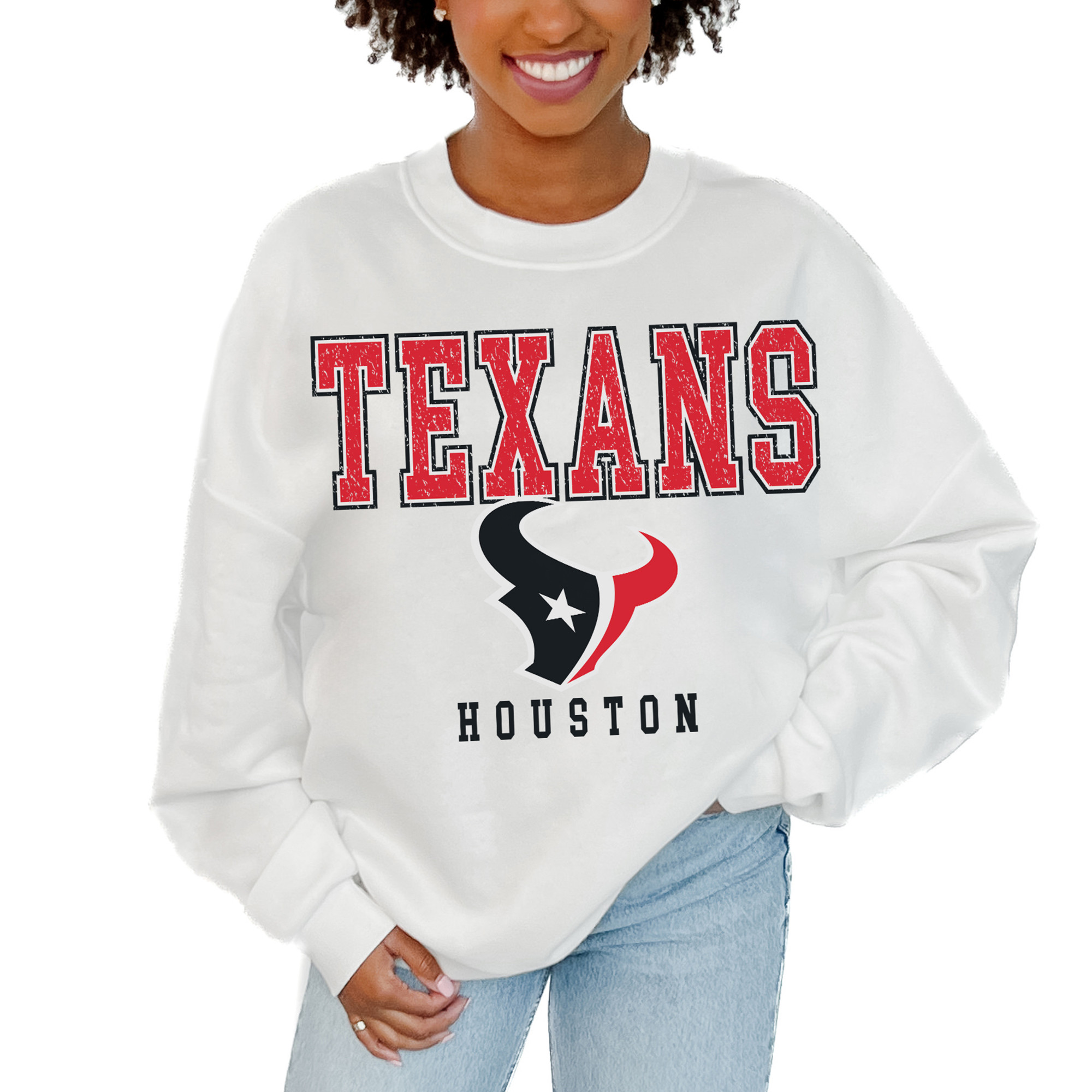 Women's Gameday Couture White Houston Texans Sunday Drives Oversized Crewneck Pullover Sweatshirt | Fanatics