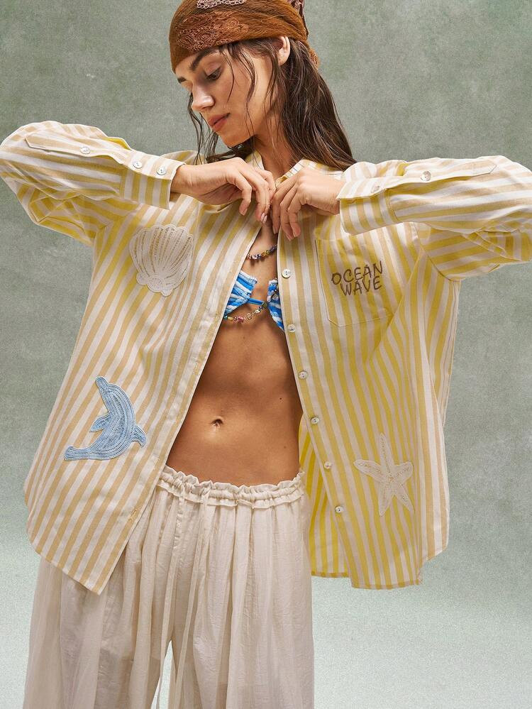 Bohemela Boho Winter/Spring Outerwear, Vintage Women's Casual Woven Hot Summer Yellow Striped Long Sleeve Loose Blouse With Embroidery Pattern Detail, Western Country Style Concert Party, Suitable For Beach Vacation & Daily Wear & Back To School & Going Outs & Party, Valentine's Day, 2000s Y2k , Summer Holidays | SHEIN