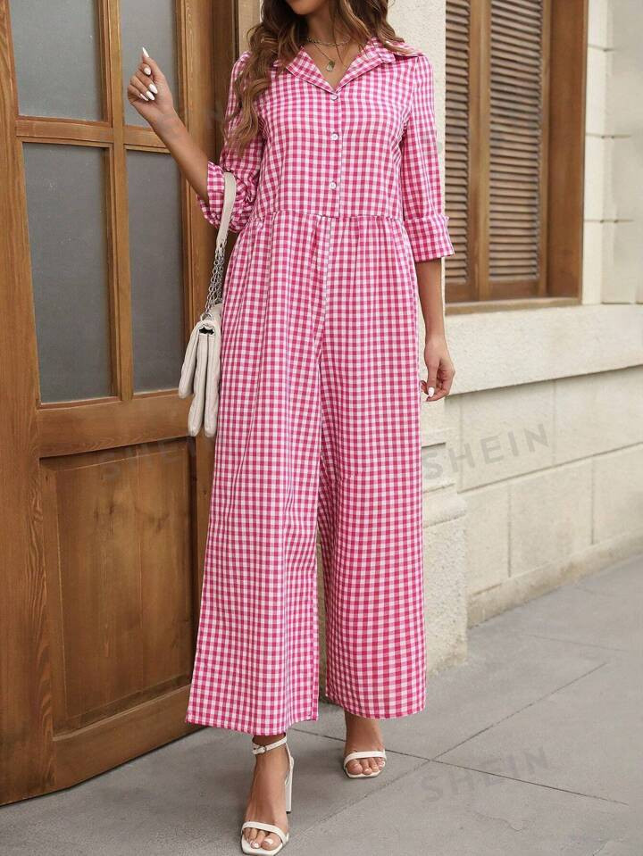 SHEIN Frenchy Casual Loose Cotton Linen Plaid Women's Jumpsuit | SHEIN