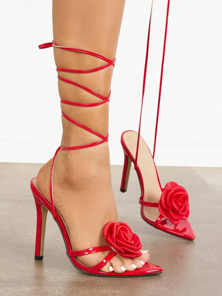 Women's High Heels For Spring/Autumn, Suitable For Nightclub, Party, Outdoor, Fashion, Luxury Banquet. Pointed Toe, Black, 5 Big Promotion, Holiday Celebration. Sparkling 3D Floral Decor, Charming Rose, High-Quality Mysterious Mirror Material, Elegant Sexy Luxury Style, Criss-Cross Strap, Dignified Red Color, Suitable For Gala, Party, Formal Occasion, Dress Up | SHEIN
