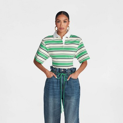 KBB by KAHLANA Women's Short Sleeve 'The Fitted Rugby Shirt' - Green Striped L | Target
