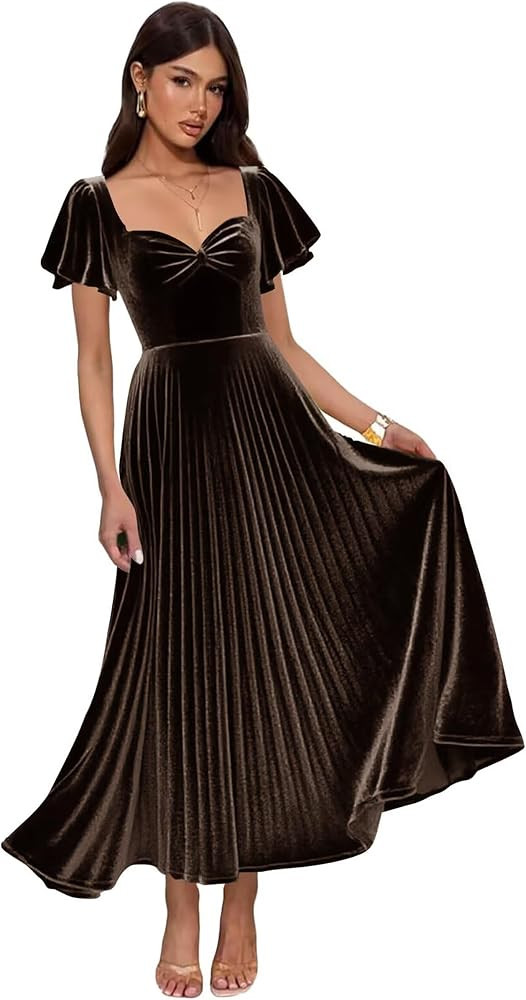 Flutter Sleeve Velvet Bridesmaid Dresses 2025 Pleated A Line Long Formal Evening Party Gowns | Amazon (US)