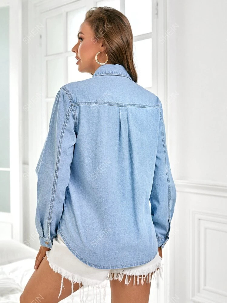 SHEIN Essnce Flap Pocket Curved Hem Denim Blouse | SHEIN