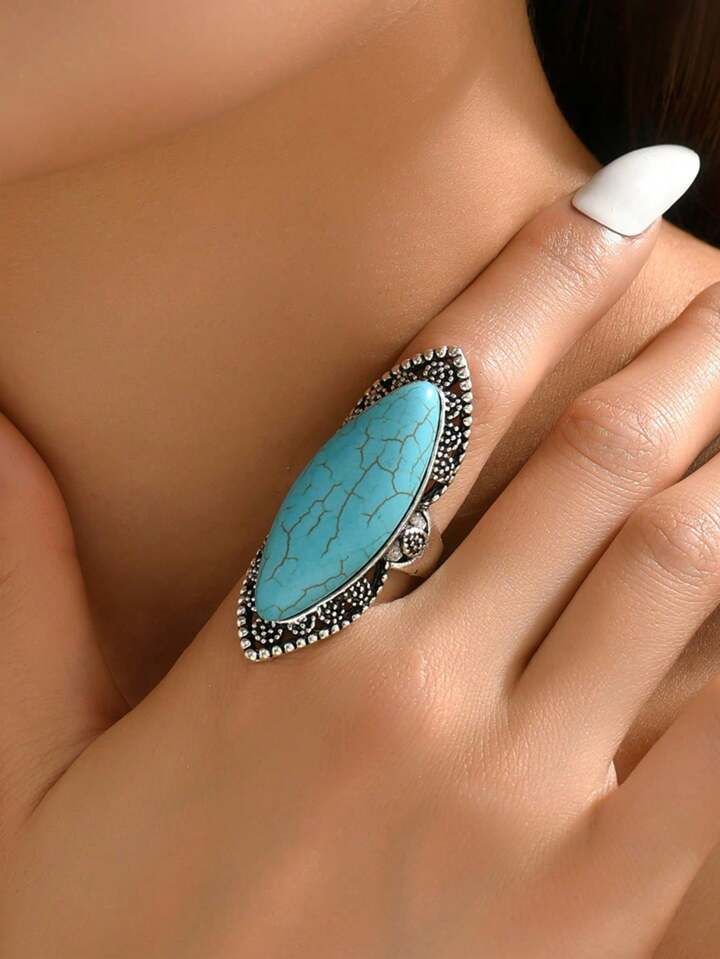 1pc Fashionable Vintage Style Turquoise Decorated Lady Ring | SHEIN