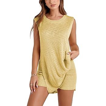 Womens Knit Pajamas Sets 2 Piece Outfits Casual Sleeveless Sweater Tank Top Shorts Loungewear Lou... | Amazon (US)