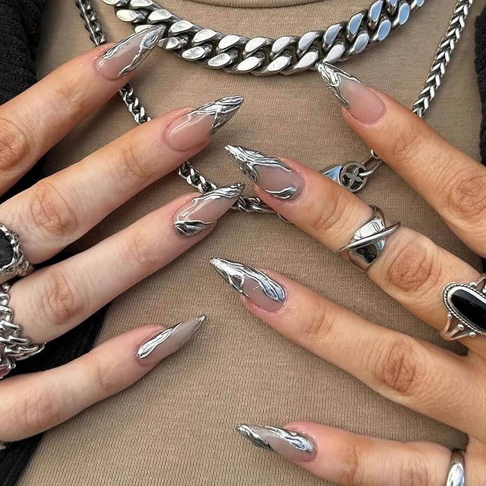 MERVF Medium Press on Nails Almond Fake Nails 3D Sliver French Tip Glue ons Goth Stiletto Acrylic... | Amazon (US)