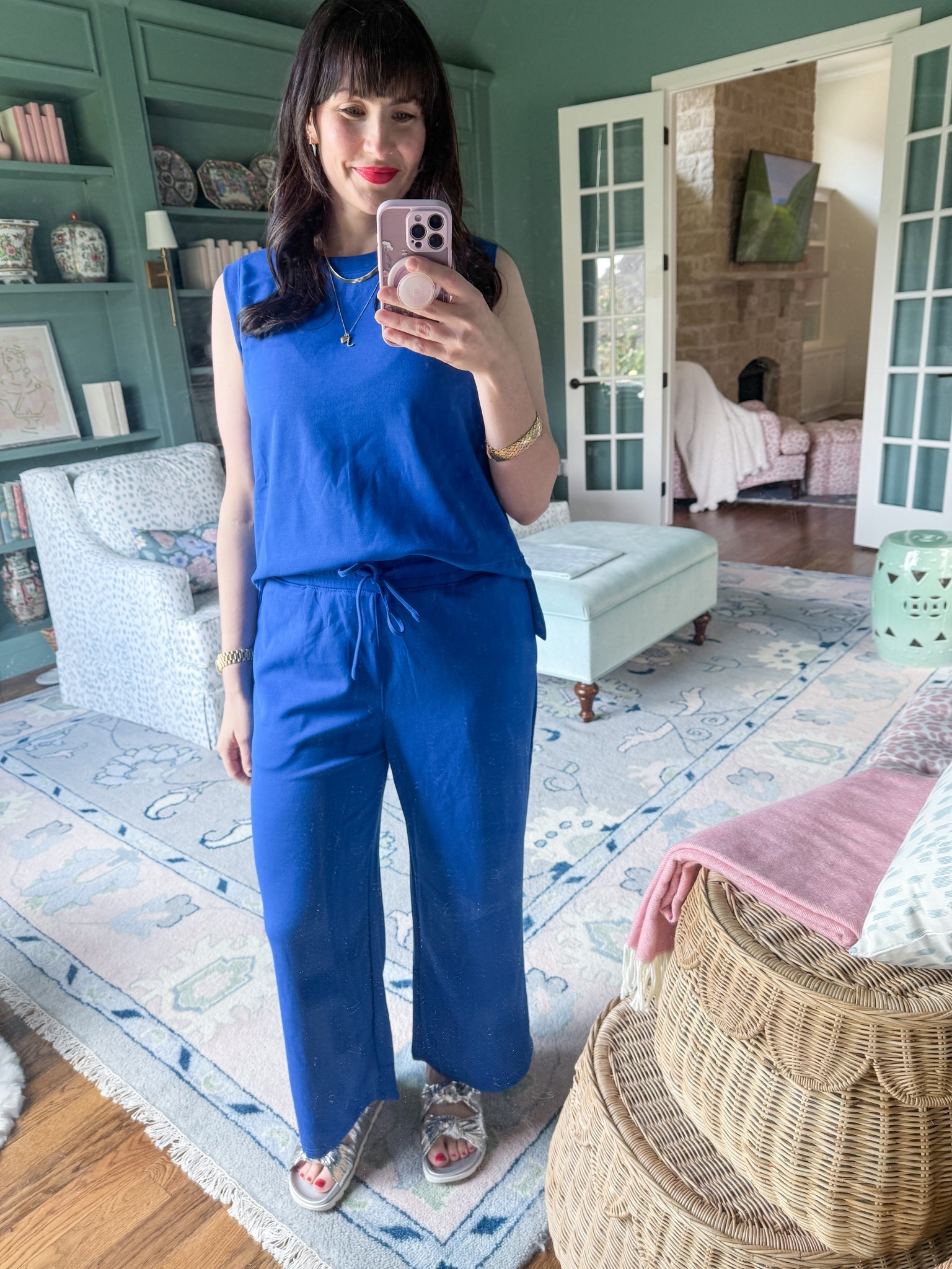 Two piece travel set in cobalt blue with silver sandals 

#HOCWinter

#LTKOver40 #LTKFindsUnder50 #LTKTravel