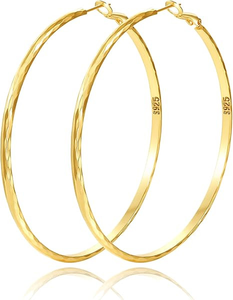 Sterling Silver Hoop Earrings - Diamond-Cut Circle Hoops, Hypoallergenic, 3mm Thin, Oversize 20/3... | Amazon (US)