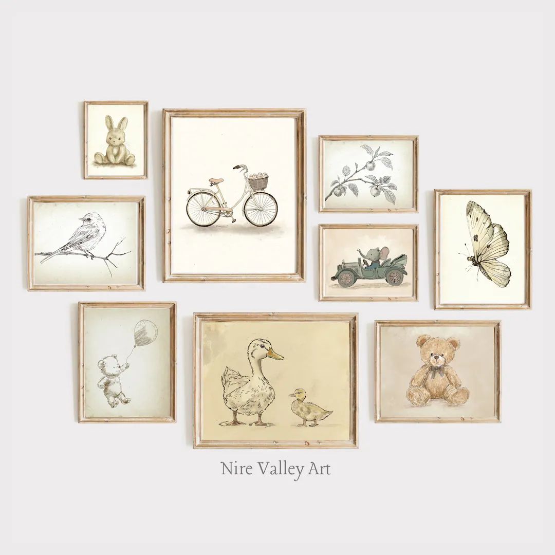 Vintage Nursery Gallery Wall Printables, Set of 9 Vintage Prints,gender Neutral Baby Room Art, Di... | Etsy (US)