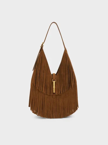 Cesia Recycled Suede Fringed Hobo Bag
    
         - Sienna Brown | Charles & Keith EU