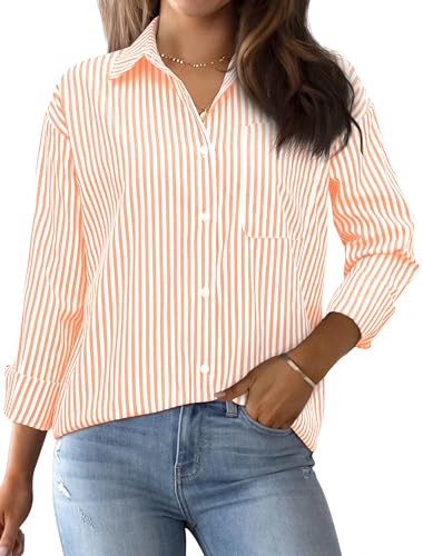AISEW Womens Striped Button Down Shirts Oversized Long Sleeve Collared Office Work Blouses Tops with Pocket (Striped Orange, 7002S) | Amazon (US)