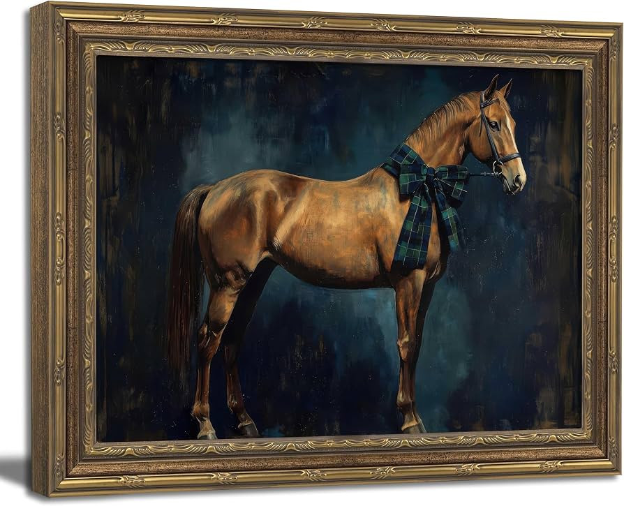 Vintage Gold Framed Wall Art Vintage Horse with Tartan Bow Wall Art Farmhouse Rustic Animals Wall... | Amazon (US)