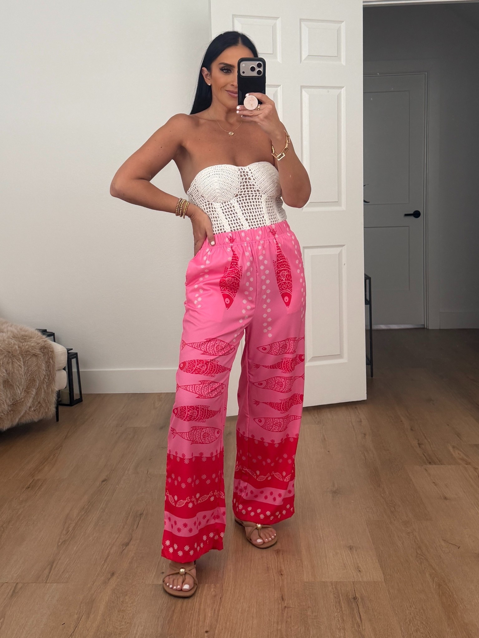 Want It All Open Stitch Strapless Bustier Top wearing size small. Farm Rio inspired boho pants wearing size medium. 