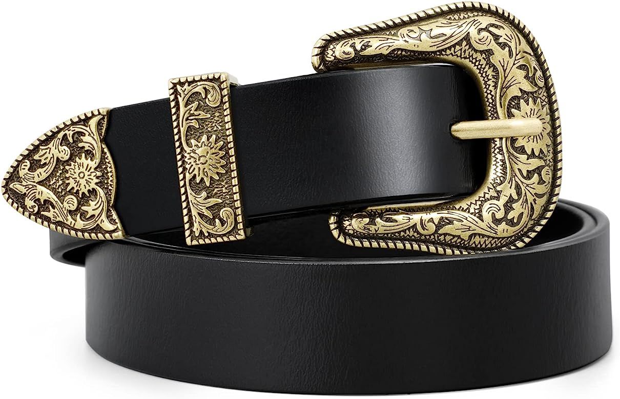 WERFORU Women Leather Belt for Jeans- Western Vintage Ladies Boho Waist Belt for Dress | Amazon (US)