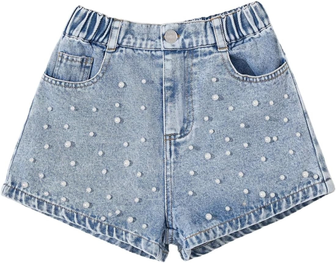 MakeMeChic Girl's Jorts Pearl Denim Shorts Elastic Waist Straight Leg Y2k Jean Shorts | Amazon (US)