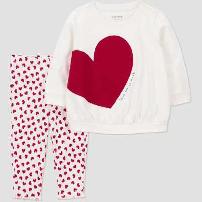Carter's Just One You® Baby Girls' 2pc Valentine's Day Love U So Much Heart Fleece Sweatshirt and Leggings Set - Cream 9M | Target