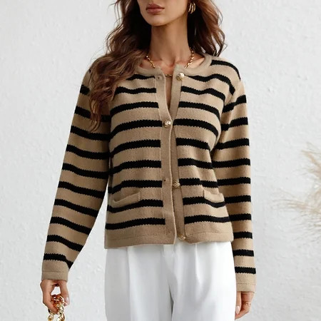 ForestYashe Women Casual Stripe Sweater Cardigan Round Neck Loose Long Sleeve Pocket Coat Top | Walmart (US)
