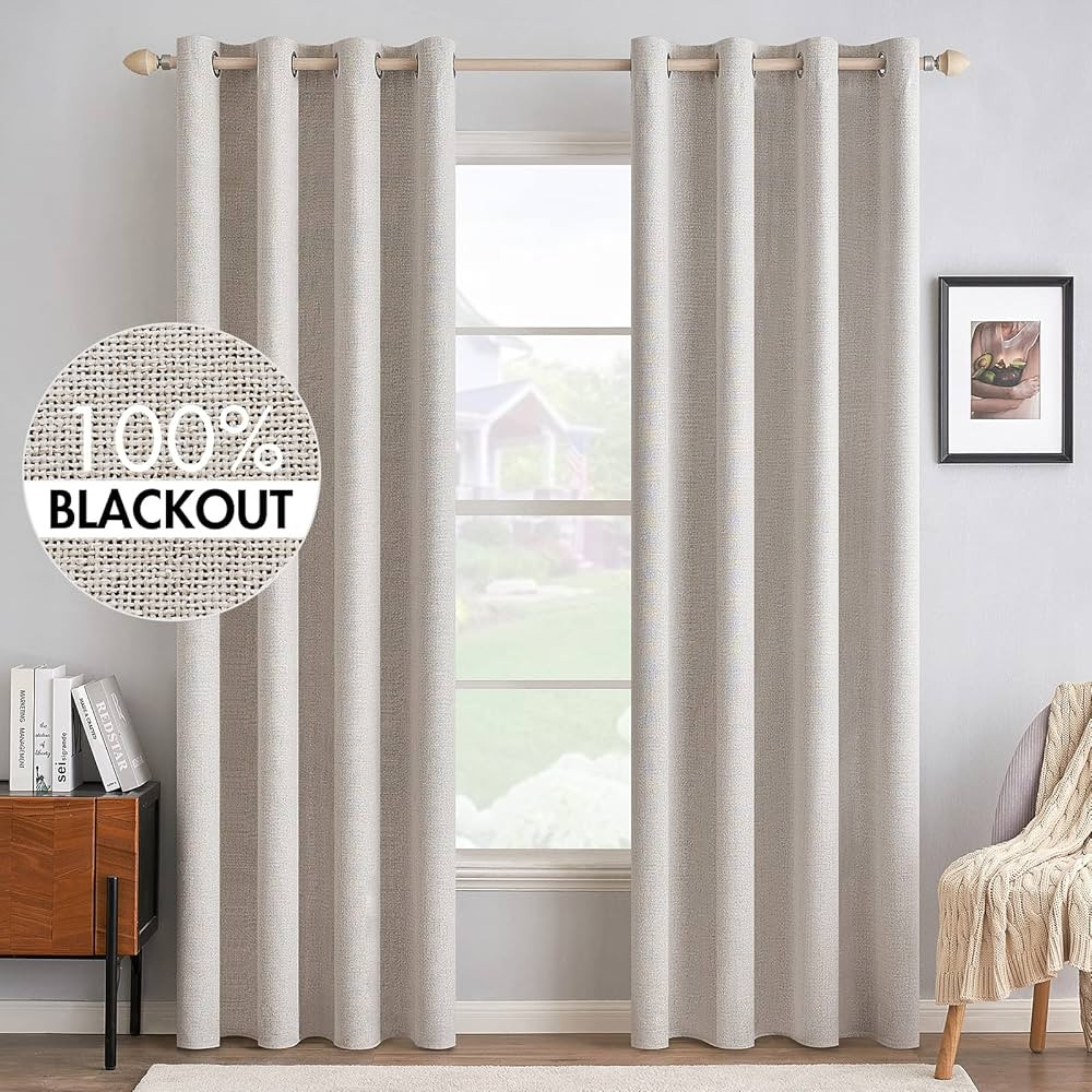 MIULEE 100% Blackout Linen Textured Curtains for Bedroom Solid Thermal Insulated Ivory Grommet Ro... | Amazon (US)
