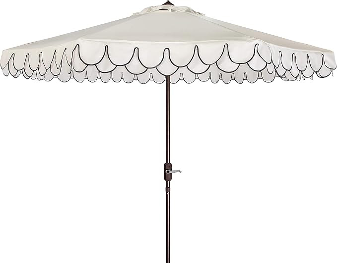 SAFAVIEH 9ft Outdoor Patio Umbrella, Round, Valance, Ivory & Black Trim, Auto Crank Tilt, UV Resi... | Amazon (US)