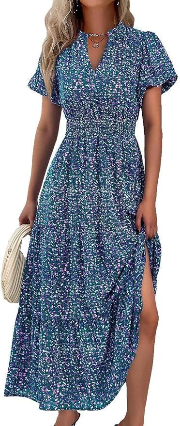 MASCOMODA Summer Maxi Dress for Women 2024 Casual V Neck Puff Short Sleeve Smocked Ruffle Flowy B... | Amazon (US)